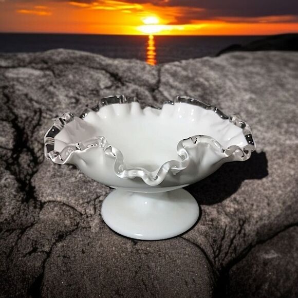 Fenton Silver Crest Compote Pedestal Dish Milk Glass Ruffled Edge Mid Century. - Picture 12 of 16